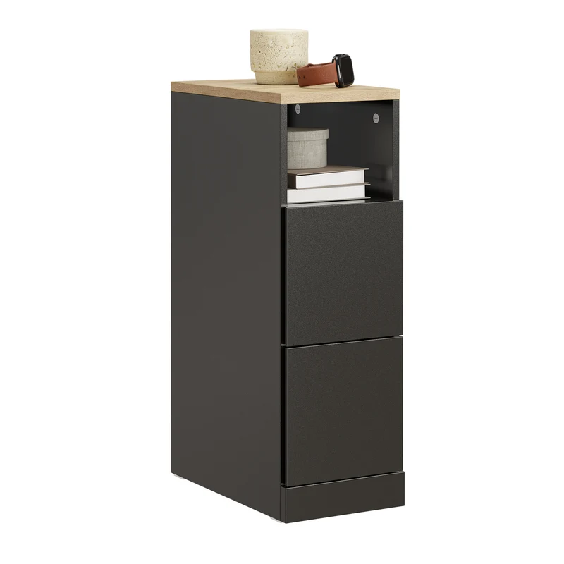 SoBuy FBT149-SCH Kapea Yöpöytä 20 cm – Sivupöytä 2 laatikolla ja avohyllyllä, musta, 20 × 35 × 60 cm