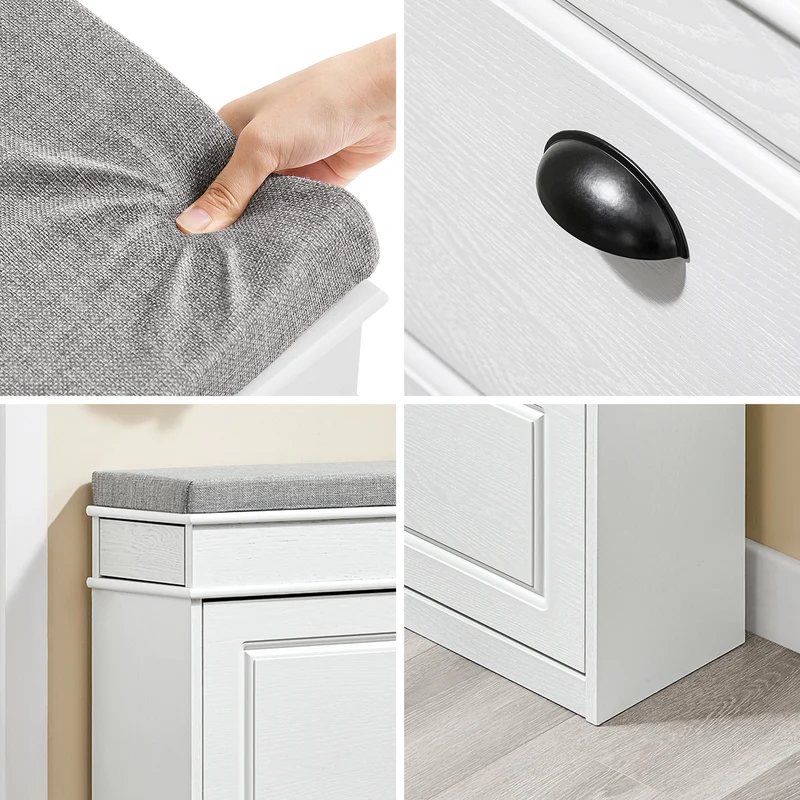 SoBuy FSR64-WG Kengänsäilytyspenkki – 2 Kääntyvää Lokeroa, Irrotettava Tyyny, Säilytyslaatikko ja Hylly, Kapea Eteiskaluste – Koko: L104xS24xK51 cm, Kulunut Valkoinen Puuefekti
