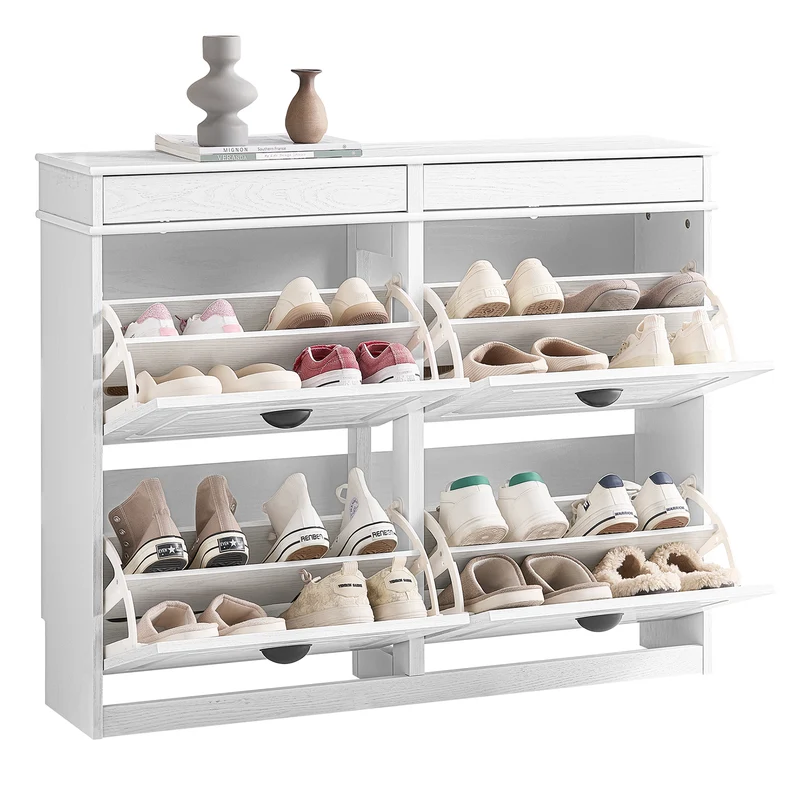 SoBuy FSR79-WG Kapea Kenkäkaappi 4 Kääntyvällä Luukulla – 103 × 23 × 82 cm, Jopa 16 Paria, Valkoinen