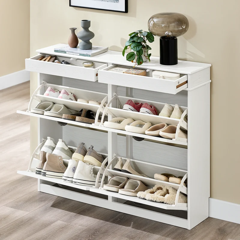 SoBuy FSR79-WG Kapea Kenkäkaappi 4 Kääntyvällä Luukulla – 103 × 23 × 82 cm, Jopa 16 Paria, Valkoinen