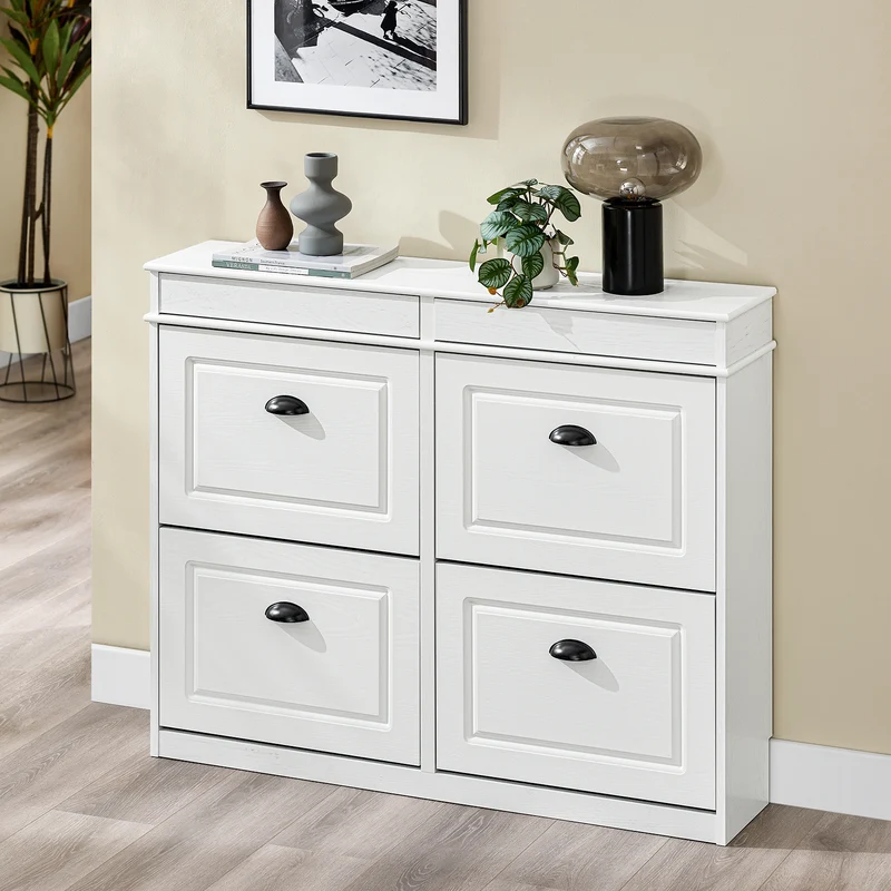 SoBuy FSR79-WG Kapea Kenkäkaappi 4 Kääntyvällä Luukulla – 103 × 23 × 82 cm, Jopa 16 Paria, Valkoinen
