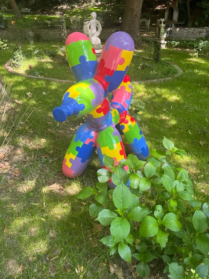 Casa Padrino Deko Skulptur Hund 100 cm – Bunt Puzzle Kunstharz Figur Pop Art
