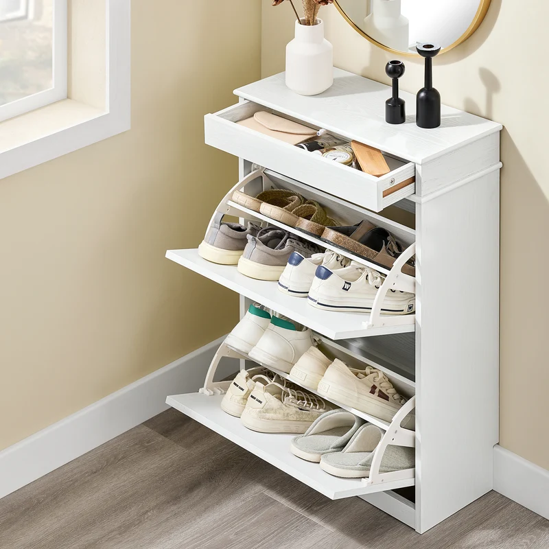SoBuy FSR78-WG Kengänsäilytyskaappi, jossa 2 käännettävää ovea, eteisen kenkäkaappi 8 parille – kulunut valkoinen puuefekti, 54x24x82 cm