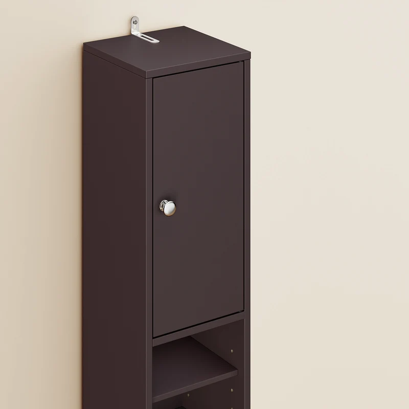 SoBuy BZR34-II-BR Kapea Kylpyhuoneen Säilytyskaappi – 180 cm Korkea Pylväsmallinen Kaappi, 1 Laatikkko, 2 Ovea ja 5 Avohyllyä, Säädettävät Hyllyt, Ruskea (20×20 cm)