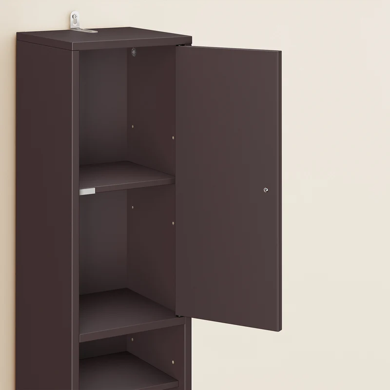 SoBuy BZR34-II-BR Kapea Kylpyhuoneen Säilytyskaappi – 180 cm Korkea Pylväsmallinen Kaappi, 1 Laatikkko, 2 Ovea ja 5 Avohyllyä, Säädettävät Hyllyt, Ruskea (20×20 cm)