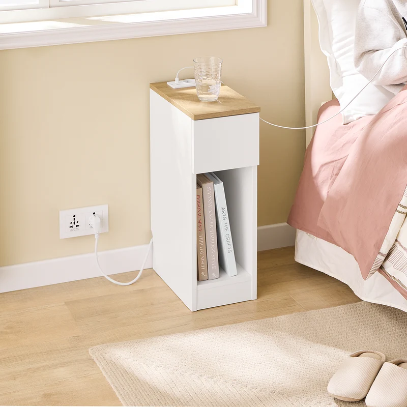 SoBuy FBT111-E-WN Kapea Yöpöytä Latausasemalla – USB & Type-C, Pistorasia, Valkoinen 20×35×60 cm