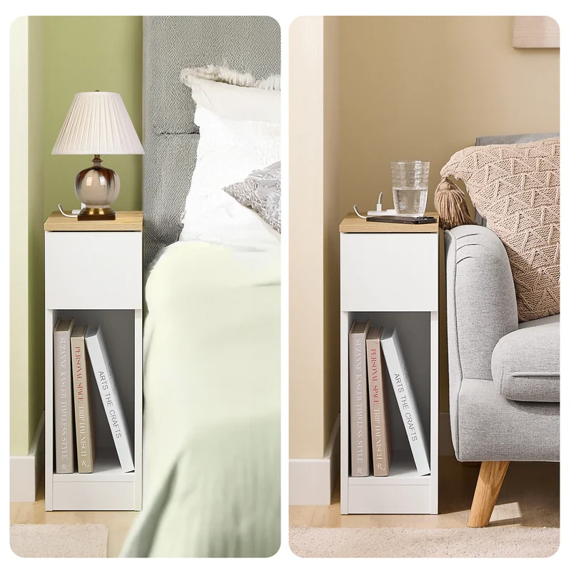 SoBuy FBT111-E-WN Kapea Yöpöytä Latausasemalla – USB & Type-C, Pistorasia, Valkoinen 20×35×60 cm