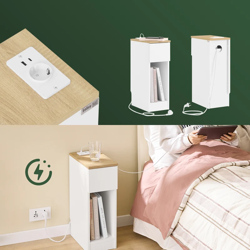 SoBuy FBT111-E-WN Kapea Yöpöytä Latausasemalla – USB & Type-C, Pistorasia, Valkoinen 20×35×60 cm