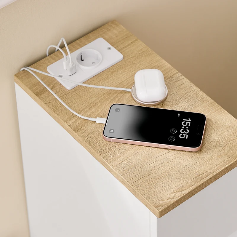 SoBuy FBT111-E-WN Kapea Yöpöytä Latausasemalla – USB & Type-C, Pistorasia, Valkoinen 20×35×60 cm