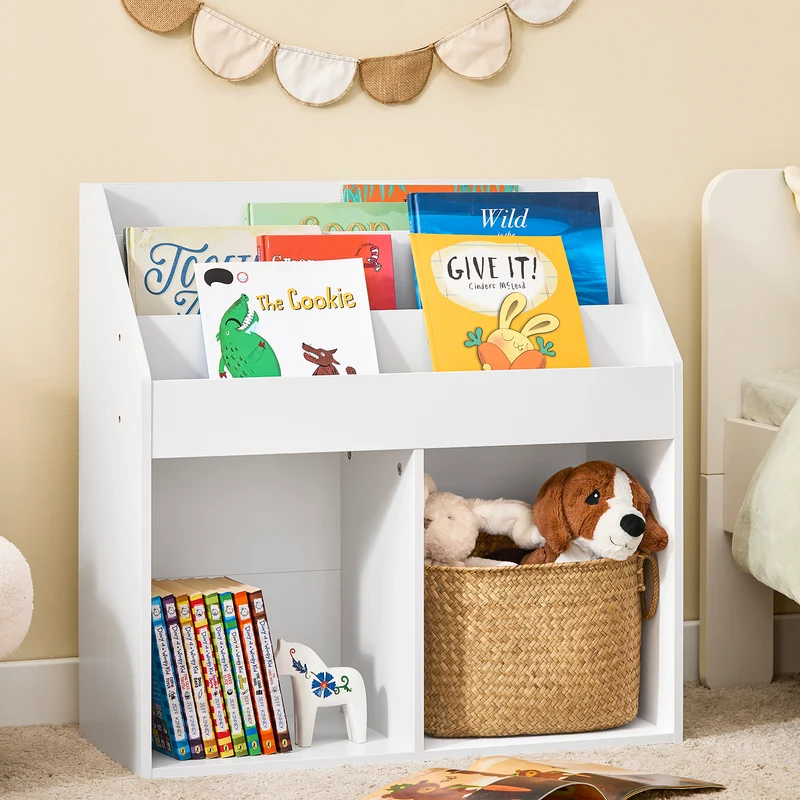 SoBuy KMB08-II-W Montessori Lastenkirjahylly Seinäkiinnityksellä – 4-Tasoinen Lasten Kirjahylly, Tilaa Säästävä Säilytysratkaisu, Valkoinen, 80 × 12 × 118 cm