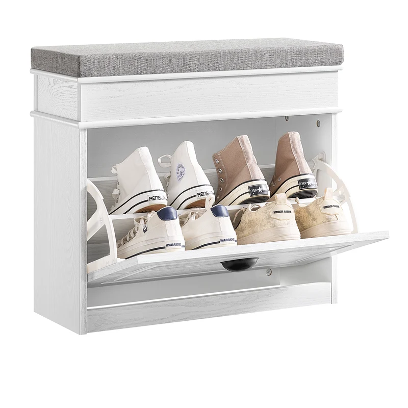 SoBuy FSR82-K-WG Kengänsäilytyspenkki Eteispenkki – Penkki Säilytystilalla ja Pehmusteella, Kengille, Käytävään tai Olohuoneeseen, 61x24x51 cm, Kantavuus 113 kg, Vanhanvalkoinen puuviimeistely