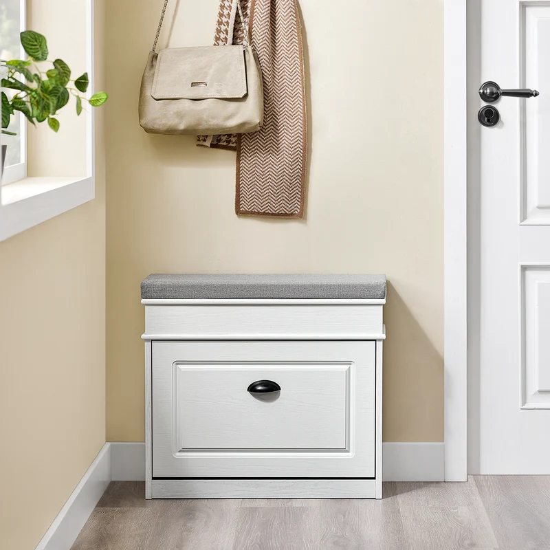SoBuy FSR82-K-WG Kengänsäilytyspenkki Eteispenkki – Penkki Säilytystilalla ja Pehmusteella, Kengille, Käytävään tai Olohuoneeseen, 61x24x51 cm, Kantavuus 113 kg, Vanhanvalkoinen puuviimeistely