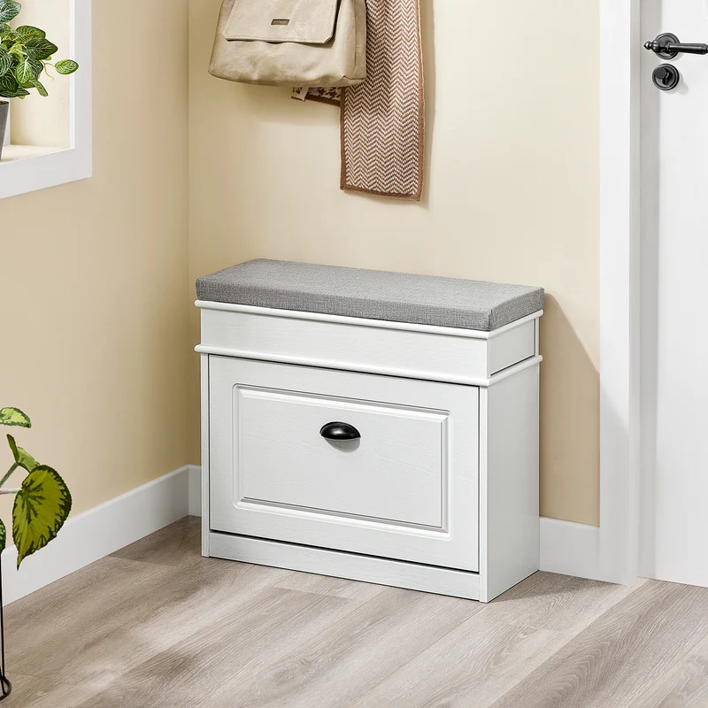 SoBuy FSR82-K-WG Kengänsäilytyspenkki Eteispenkki – Penkki Säilytystilalla ja Pehmusteella, Kengille, Käytävään tai Olohuoneeseen, 61x24x51 cm, Kantavuus 113 kg, Vanhanvalkoinen puuviimeistely