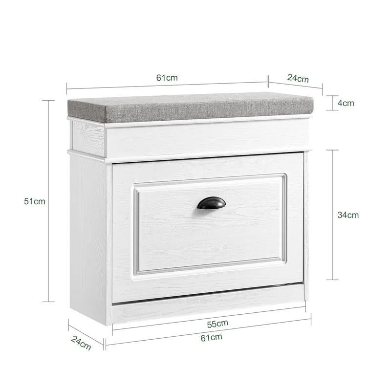 SoBuy FSR82-K-WG Kengänsäilytyspenkki Eteispenkki – Penkki Säilytystilalla ja Pehmusteella, Kengille, Käytävään tai Olohuoneeseen, 61x24x51 cm, Kantavuus 113 kg, Vanhanvalkoinen puuviimeistely