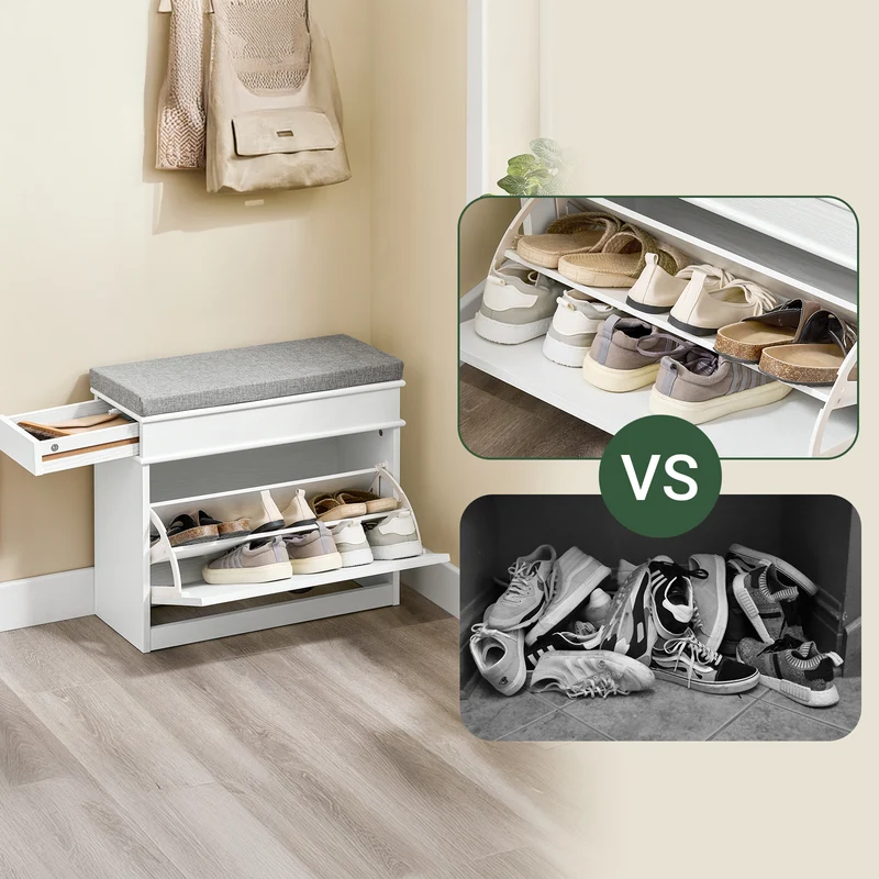 SoBuy FSR82-K-WG Kengänsäilytyspenkki Eteispenkki – Penkki Säilytystilalla ja Pehmusteella, Kengille, Käytävään tai Olohuoneeseen, 61x24x51 cm, Kantavuus 113 kg, Vanhanvalkoinen puuviimeistely