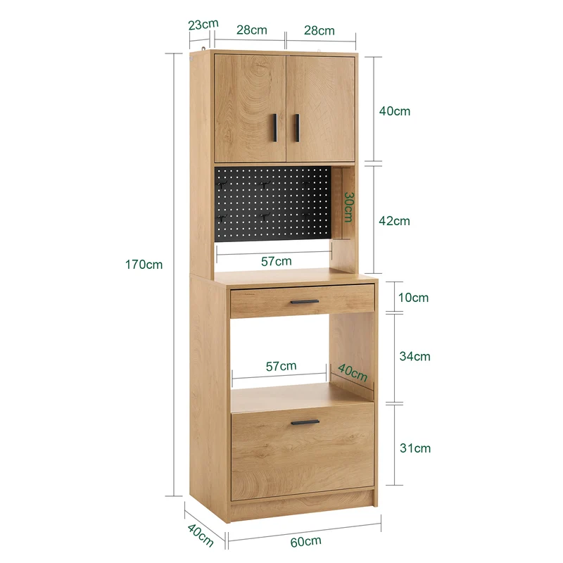SoBuy FSB98-N Keittiön säilytyskaappi 170 cm – Mikroaaltouunipaikka, säilytystilaa keittiöön, vintage-tammi, teollinen tyyli