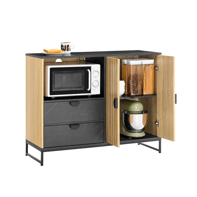 SoBuy FSB103-N Säilytyskaappi, Keittiön buffet-kaappi ruokasaliin, mikroaaltouuni-nischa Ø6 cm & lasiteline, säädettävä hylly, korkeat metallijalat, tammi/musta, 107×40×85 cm