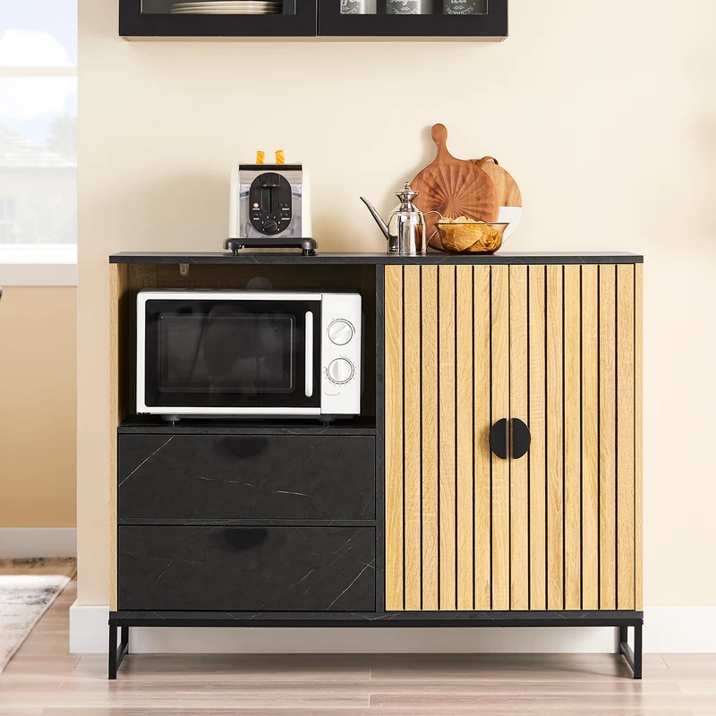 SoBuy FSB103-N Säilytyskaappi, Keittiön buffet-kaappi ruokasaliin, mikroaaltouuni-nischa Ø6 cm & lasiteline, säädettävä hylly, korkeat metallijalat, tammi/musta, 107×40×85 cm