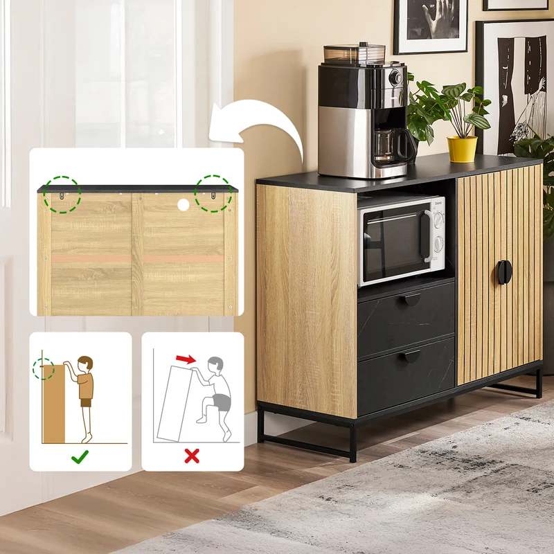 SoBuy FSB103-N Säilytyskaappi, Keittiön buffet-kaappi ruokasaliin, mikroaaltouuni-nischa Ø6 cm & lasiteline, säädettävä hylly, korkeat metallijalat, tammi/musta, 107×40×85 cm
