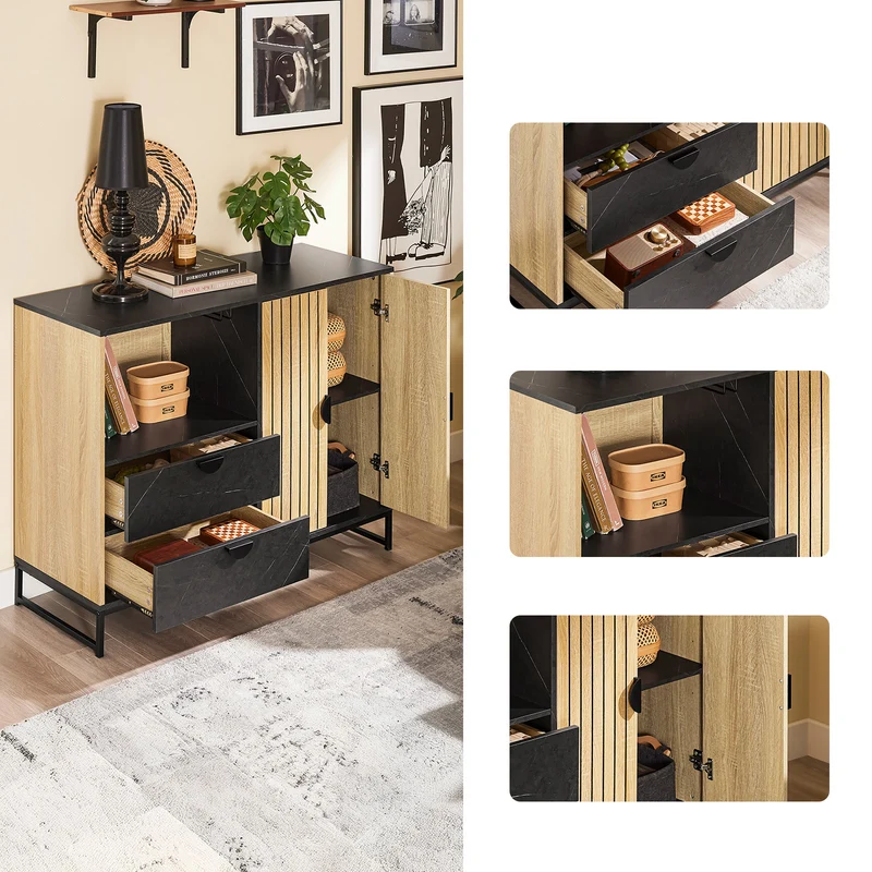 SoBuy FSB103-N Säilytyskaappi, Keittiön buffet-kaappi ruokasaliin, mikroaaltouuni-nischa Ø6 cm & lasiteline, säädettävä hylly, korkeat metallijalat, tammi/musta, 107×40×85 cm