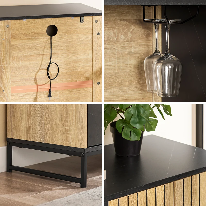 SoBuy FSB103-N Säilytyskaappi, Keittiön buffet-kaappi ruokasaliin, mikroaaltouuni-nischa Ø6 cm & lasiteline, säädettävä hylly, korkeat metallijalat, tammi/musta, 107×40×85 cm