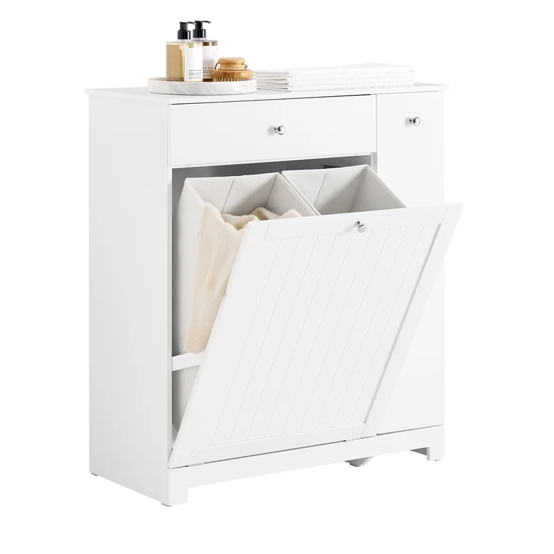 SoBuy BZR214-W Kylpyhuoneen kaappi pyykkikorilla – Säilytyspylväs, jossa 1 laatikko ja liukuva osasto, vedenkestävä kylpyhuonekaappi 78x38x90 cm – Ihanteellinen WC:hen, pesualtaan tai kylpyhuoneen käyttöön