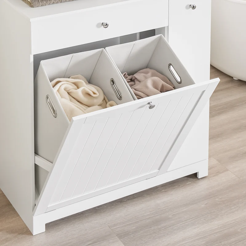 SoBuy BZR214-W Kylpyhuoneen kaappi pyykkikorilla – Säilytyspylväs, jossa 1 laatikko ja liukuva osasto, vedenkestävä kylpyhuonekaappi 78x38x90 cm – Ihanteellinen WC:hen, pesualtaan tai kylpyhuoneen käyttöön
