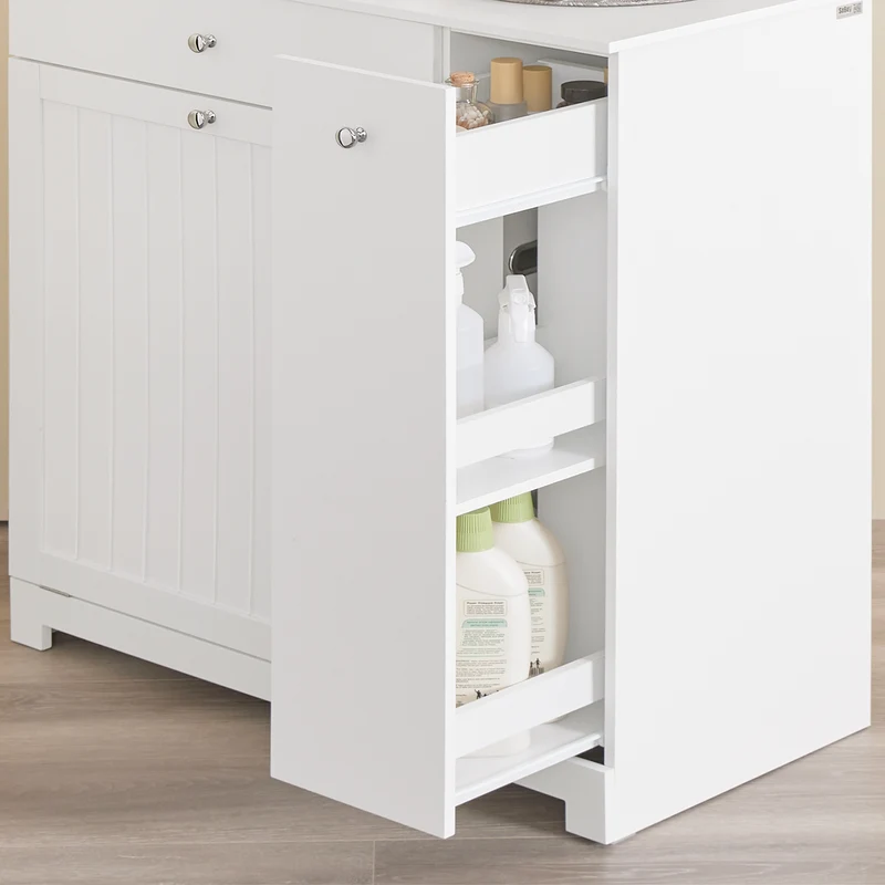 SoBuy BZR214-W Kylpyhuoneen kaappi pyykkikorilla – Säilytyspylväs, jossa 1 laatikko ja liukuva osasto, vedenkestävä kylpyhuonekaappi 78x38x90 cm – Ihanteellinen WC:hen, pesualtaan tai kylpyhuoneen käyttöön