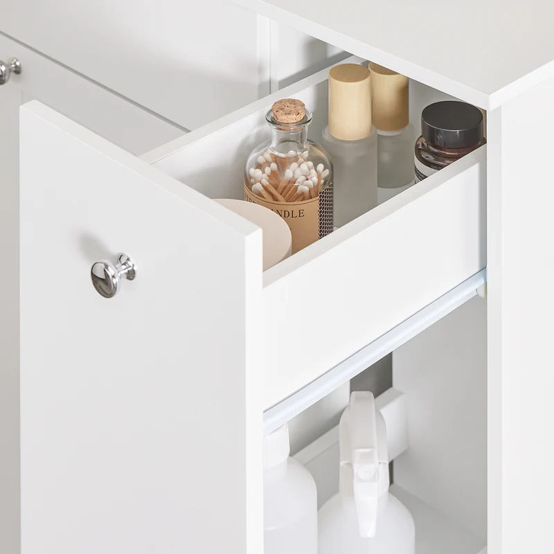 SoBuy BZR214-W Kylpyhuoneen kaappi pyykkikorilla – Säilytyspylväs, jossa 1 laatikko ja liukuva osasto, vedenkestävä kylpyhuonekaappi 78x38x90 cm – Ihanteellinen WC:hen, pesualtaan tai kylpyhuoneen käyttöön