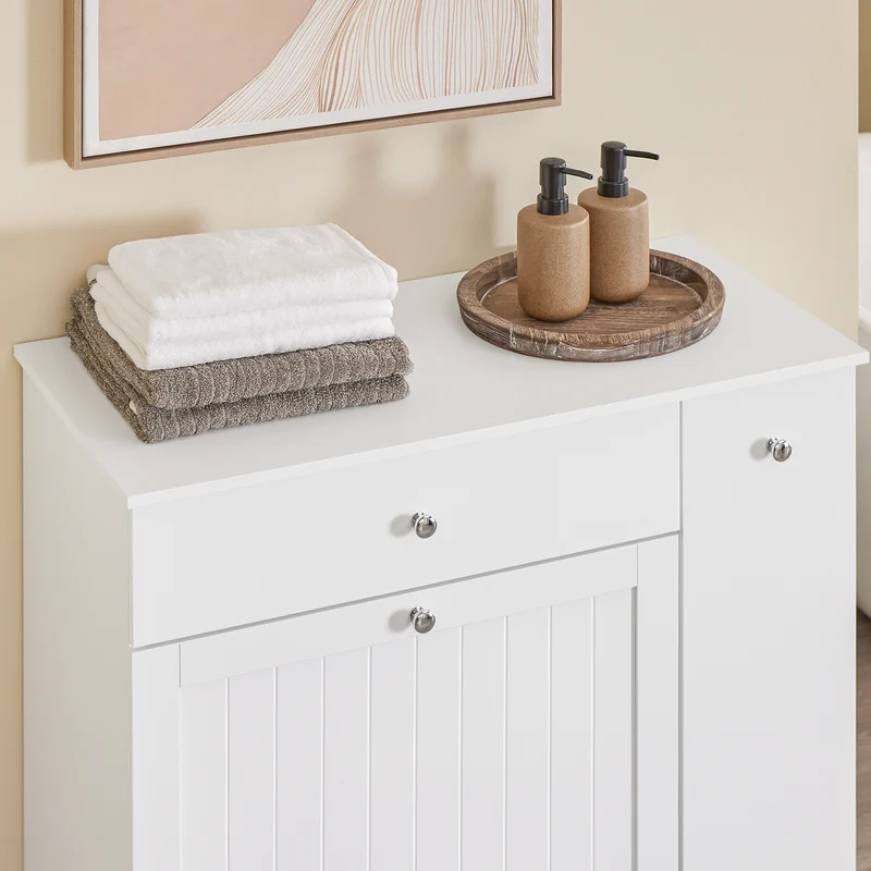 SoBuy BZR214-W Kylpyhuoneen kaappi pyykkikorilla – Säilytyspylväs, jossa 1 laatikko ja liukuva osasto, vedenkestävä kylpyhuonekaappi 78x38x90 cm – Ihanteellinen WC:hen, pesualtaan tai kylpyhuoneen käyttöön