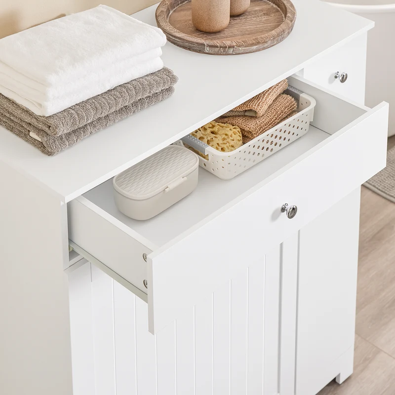 SoBuy BZR214-W Kylpyhuoneen kaappi pyykkikorilla – Säilytyspylväs, jossa 1 laatikko ja liukuva osasto, vedenkestävä kylpyhuonekaappi 78x38x90 cm – Ihanteellinen WC:hen, pesualtaan tai kylpyhuoneen käyttöön