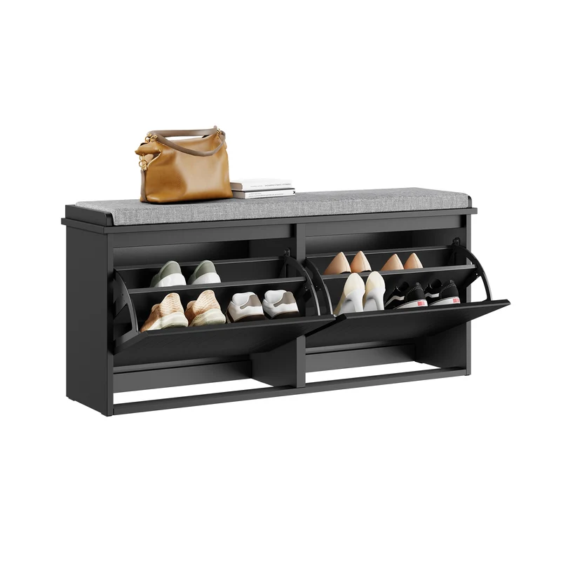 SoBuy FSR98-XL-SCH Kengänsäilytyspenkki Sisäänkäyntiin, Pehmustetulla Istuimella ja 2 Kääntöovella – Kengänsäilytyskaluste, 100 x 26 x 46 cm – Kantavuus 158 kg, Musta