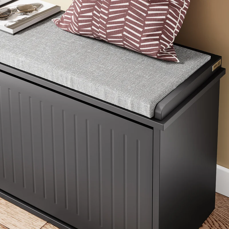 SoBuy FSR98-XL-SCH Kengänsäilytyspenkki Sisäänkäyntiin, Pehmustetulla Istuimella ja 2 Kääntöovella – Kengänsäilytyskaluste, 100 x 26 x 46 cm – Kantavuus 158 kg, Musta