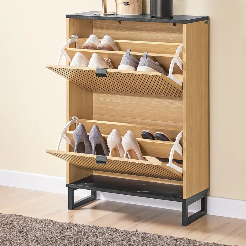 SoBuy FSR202-N Kenkäteline 8–12 Parille – 60 × 24 × 88 cm, Musta ja Vaalea Puunsävy