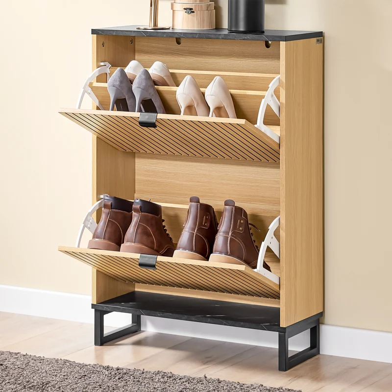 SoBuy FSR202-N Kenkäteline 8–12 Parille – 60 × 24 × 88 cm, Musta ja Vaalea Puunsävy