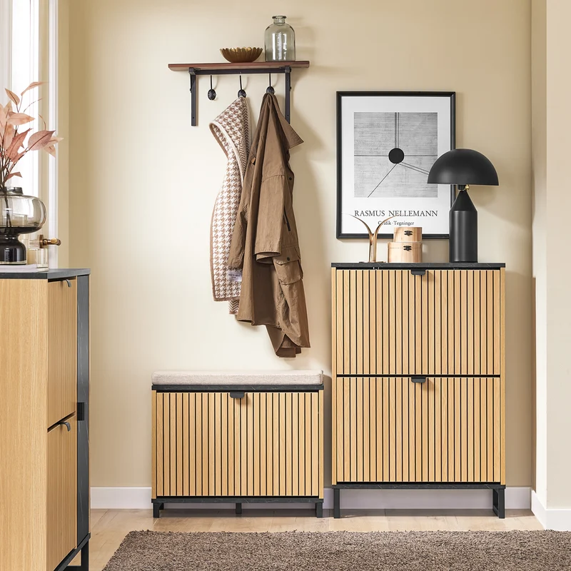 SoBuy FSR202-N Kenkäteline 8–12 Parille – 60 × 24 × 88 cm, Musta ja Vaalea Puunsävy