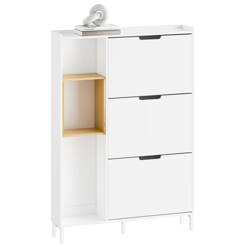 SoBuy FSR209-WN Kapea Kenkäkaappi Eteiseen – Valkoinen Kenkäkaappi 9 Kengälle – Tilaa Säästävä, MDF & Bambu, 90×19×129,5 cm