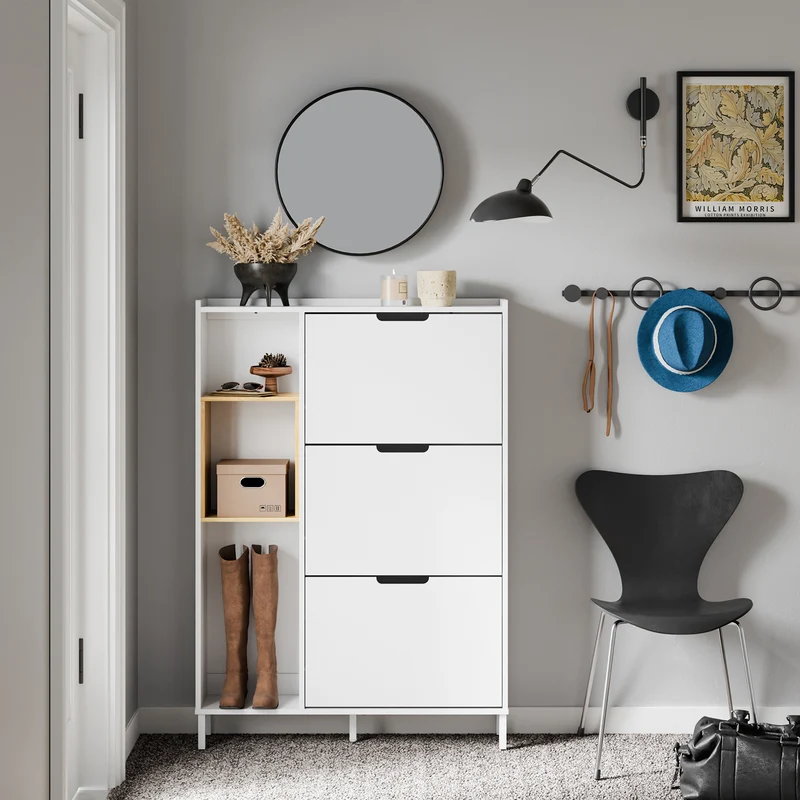 SoBuy FSR209-WN Kapea Kenkäkaappi Eteiseen – Valkoinen Kenkäkaappi 9 Kengälle – Tilaa Säästävä, MDF & Bambu, 90×19×129,5 cm