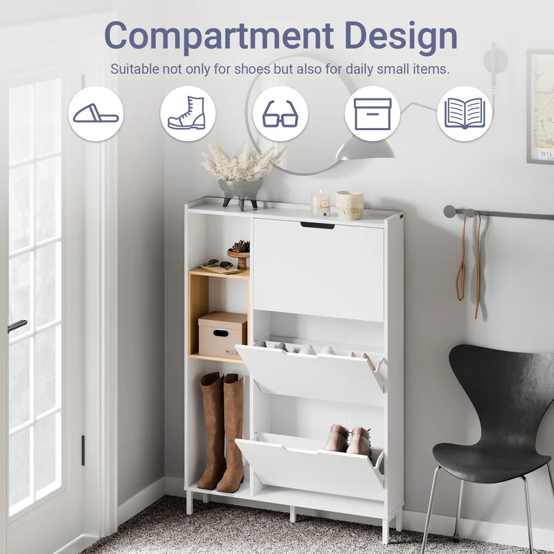 SoBuy FSR209-WN Kapea Kenkäkaappi Eteiseen – Valkoinen Kenkäkaappi 9 Kengälle – Tilaa Säästävä, MDF & Bambu, 90×19×129,5 cm