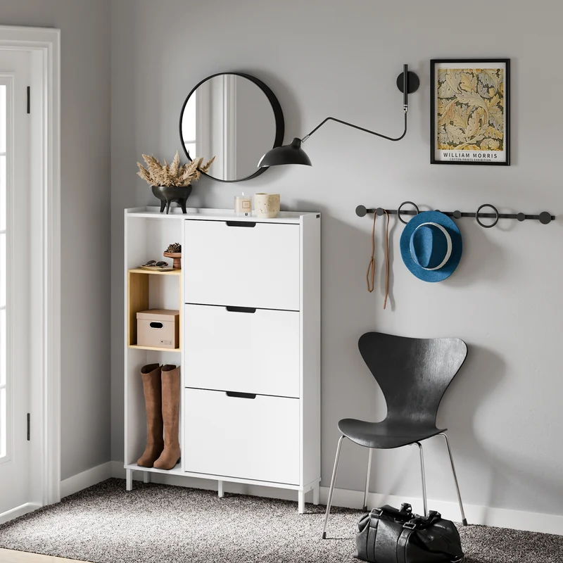 SoBuy FSR209-WN Kapea Kenkäkaappi Eteiseen – Valkoinen Kenkäkaappi 9 Kengälle – Tilaa Säästävä, MDF & Bambu, 90×19×129,5 cm