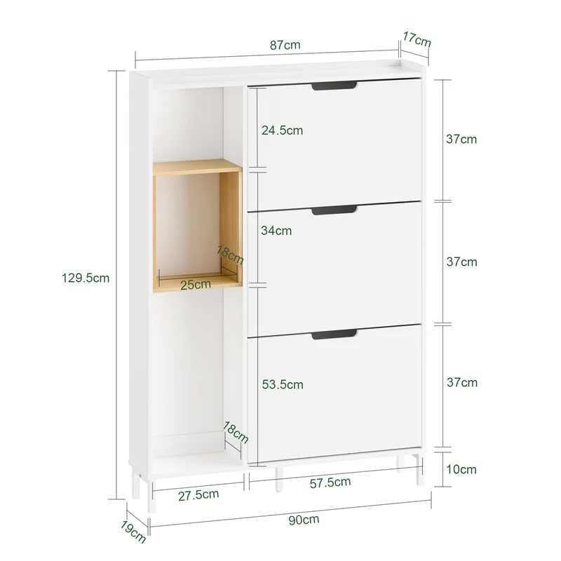SoBuy FSR209-WN Kapea Kenkäkaappi Eteiseen – Valkoinen Kenkäkaappi 9 Kengälle – Tilaa Säästävä, MDF & Bambu, 90×19×129,5 cm