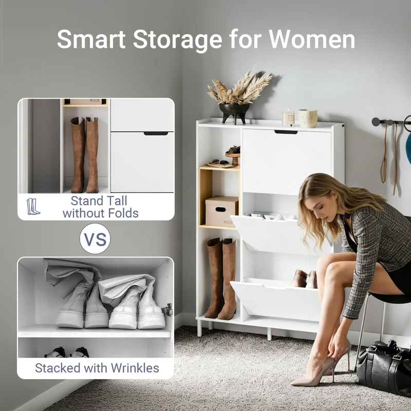 SoBuy FSR209-WN Kapea Kenkäkaappi Eteiseen – Valkoinen Kenkäkaappi 9 Kengälle – Tilaa Säästävä, MDF & Bambu, 90×19×129,5 cm