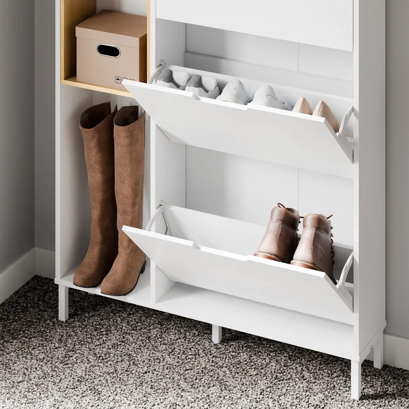 SoBuy FSR209-WN Kapea Kenkäkaappi Eteiseen – Valkoinen Kenkäkaappi 9 Kengälle – Tilaa Säästävä, MDF & Bambu, 90×19×129,5 cm