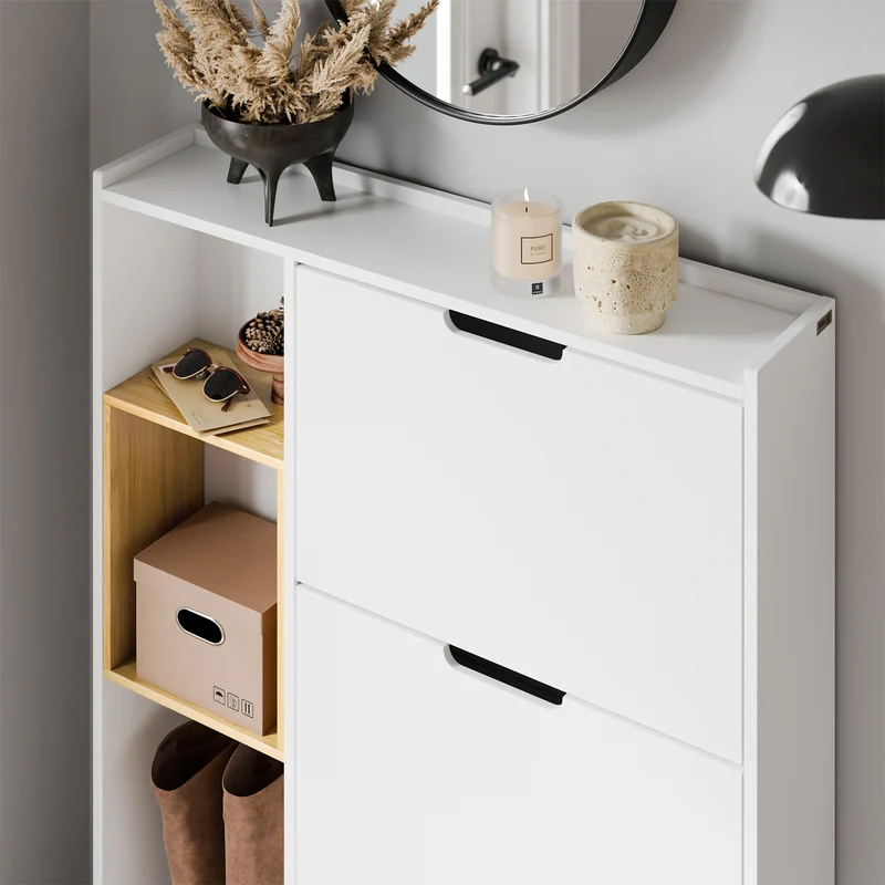 SoBuy FSR209-WN Kapea Kenkäkaappi Eteiseen – Valkoinen Kenkäkaappi 9 Kengälle – Tilaa Säästävä, MDF & Bambu, 90×19×129,5 cm