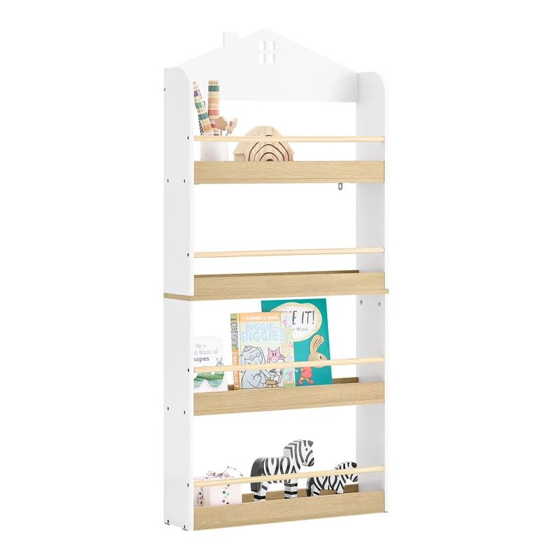 SoBuy KMB121-WN Lasten Kirjahylly 4 Tasoa – Montessori-tyylinen Kirja- ja Leluhylly Lastenhuoneeseen, Valkoinen & Luonnonpuu 60×15×130,5 cm