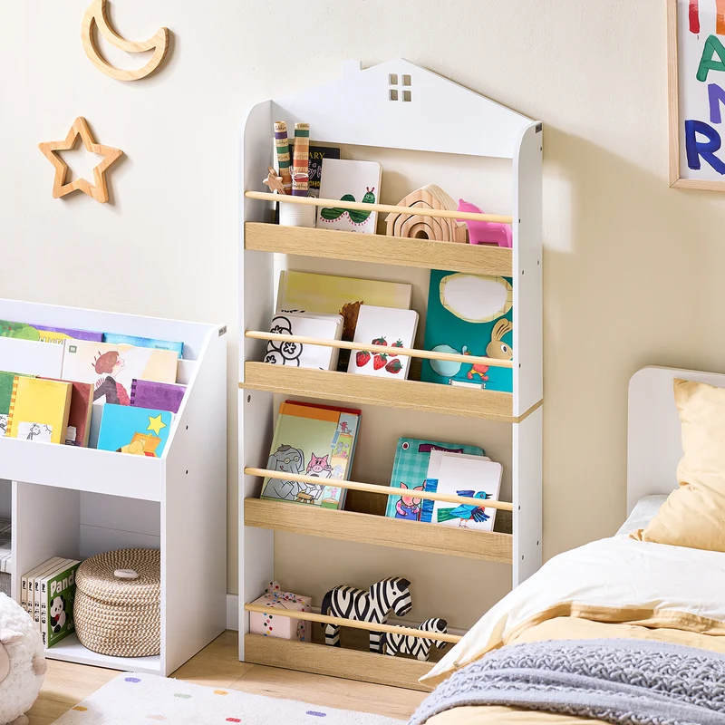 SoBuy KMB121-WN Lasten Kirjahylly 4 Tasoa – Montessori-tyylinen Kirja- ja Leluhylly Lastenhuoneeseen, Valkoinen & Luonnonpuu 60×15×130,5 cm