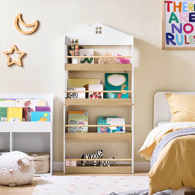 SoBuy KMB121-WN Lasten Kirjahylly 4 Tasoa – Montessori-tyylinen Kirja- ja Leluhylly Lastenhuoneeseen, Valkoinen & Luonnonpuu 60×15×130,5 cm