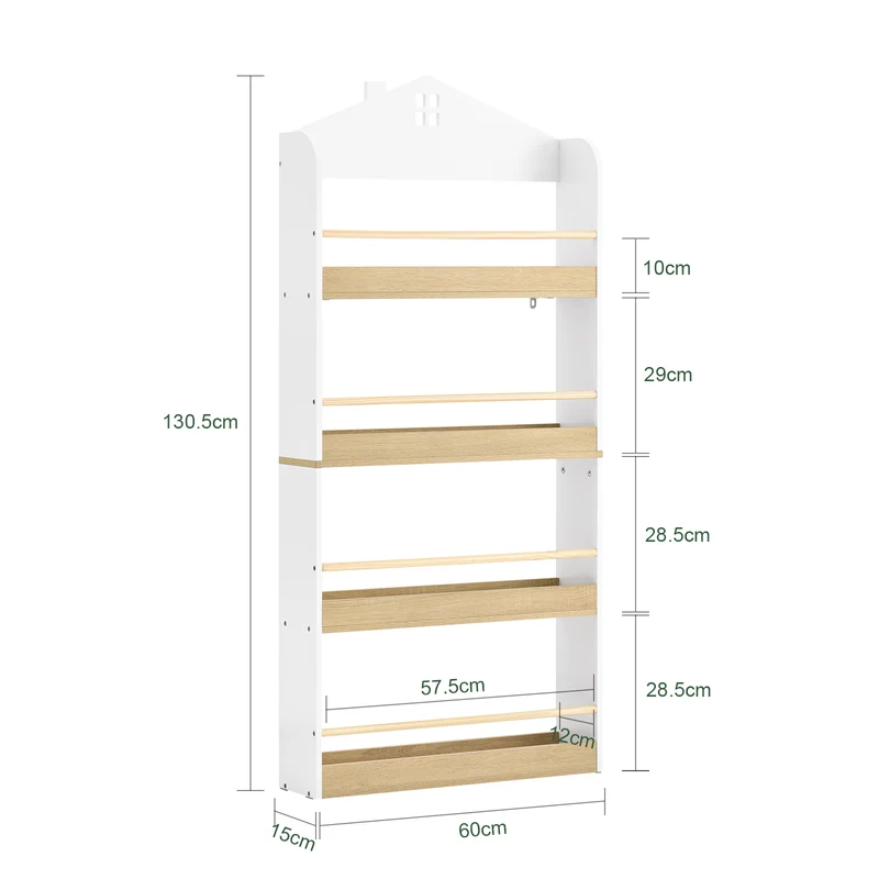 SoBuy KMB121-WN Lasten Kirjahylly 4 Tasoa – Montessori-tyylinen Kirja- ja Leluhylly Lastenhuoneeseen, Valkoinen & Luonnonpuu 60×15×130,5 cm
