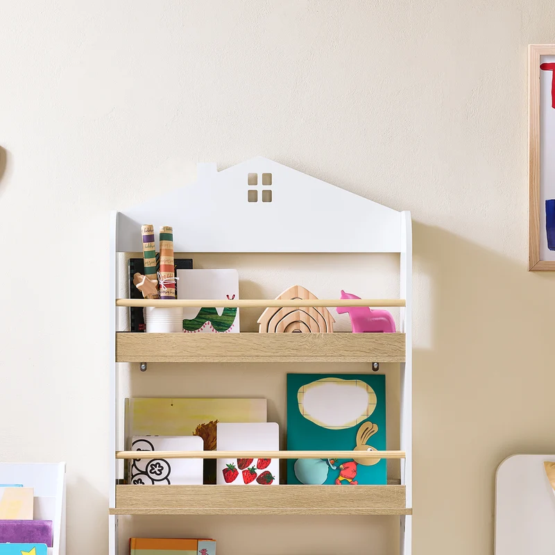 SoBuy KMB121-WN Lasten Kirjahylly 4 Tasoa – Montessori-tyylinen Kirja- ja Leluhylly Lastenhuoneeseen, Valkoinen & Luonnonpuu 60×15×130,5 cm