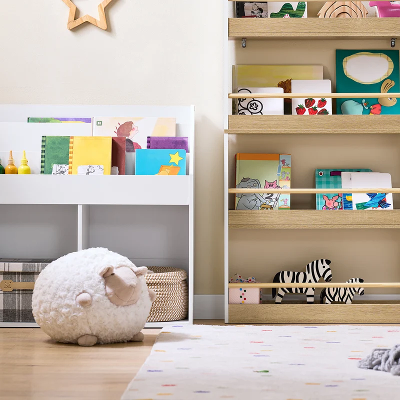 SoBuy KMB121-WN Lasten Kirjahylly 4 Tasoa – Montessori-tyylinen Kirja- ja Leluhylly Lastenhuoneeseen, Valkoinen & Luonnonpuu 60×15×130,5 cm